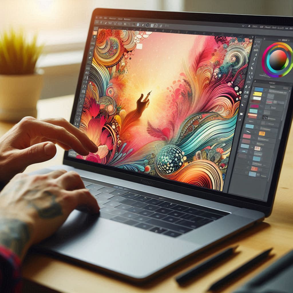 A designer using Pixelmator Pro on a MacBook