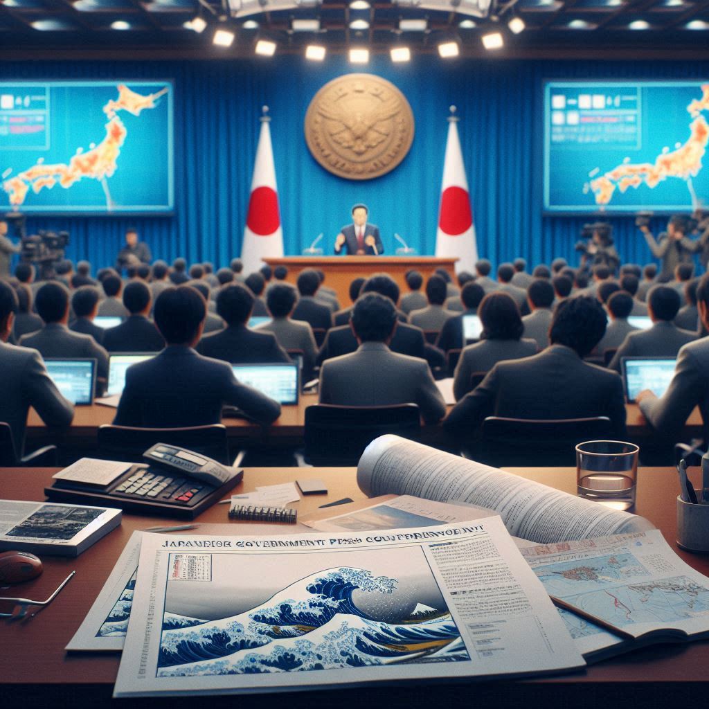 Showing a Japanese government press conference room where Prime Minister is addressing the nation. The room is filled with reporters and officials, with monitors displaying maps of the earthquake’s epicenter near Miyazaki. The atmosphere is serious and tense, reflecting the urgency of the situation. In the foreground, a table is set with emergency plans and documents detailing the potential for aftershocks and tsunamis.