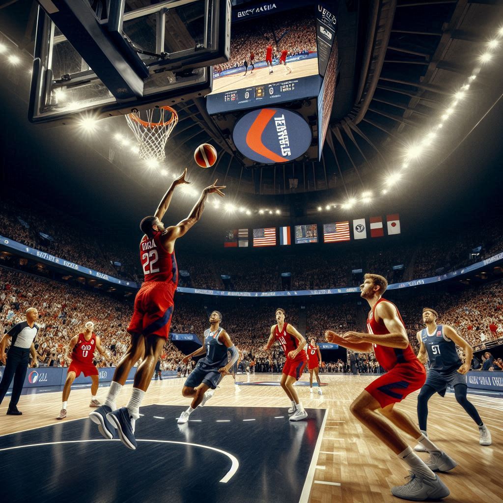 A dynamic and intense moment on the basketball court inside Paris' Bercy Arena, with Team USA players