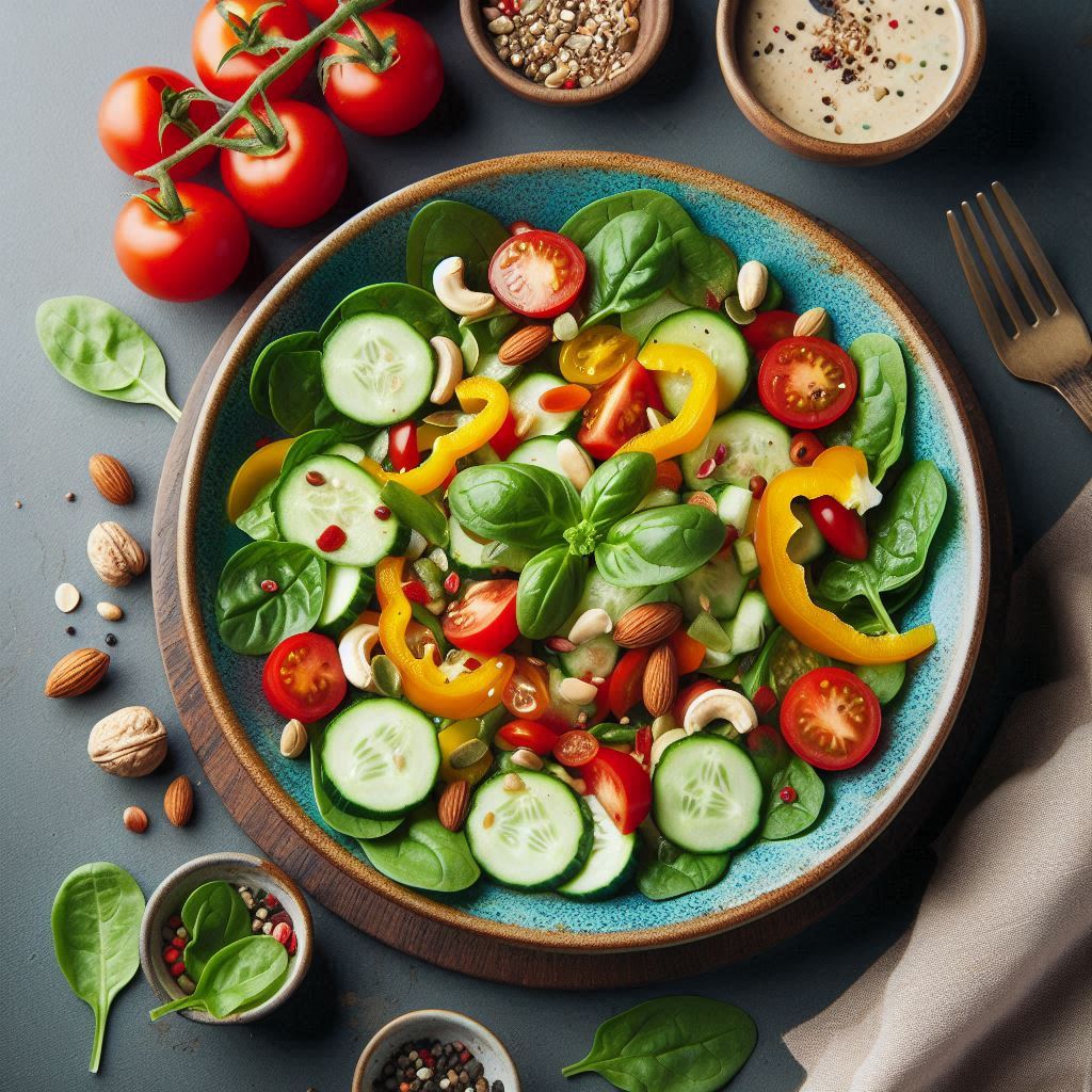 a bowl of salad with vegetables and nuts