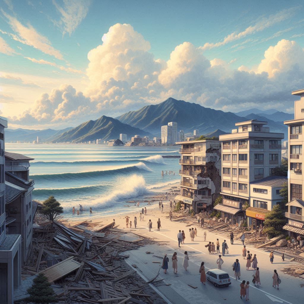 A scene showing the coastal city of Miyazaki after the 7.1 magnitude earthquake. Buildings have minor structural damage, with a few cracks visible on walls. People are seen outside, some holding onto each other for support. The coastal waters are slightly choppy, reflecting the tsunami advisory. In the background, the iconic mountainous landscape of Kyushu is visible under a cloudy sky, symbolizing both the natural beauty and the looming threat of more seismic activity