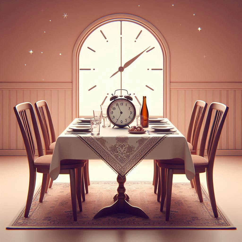 An empty dinner table with a clock showing 24 hours