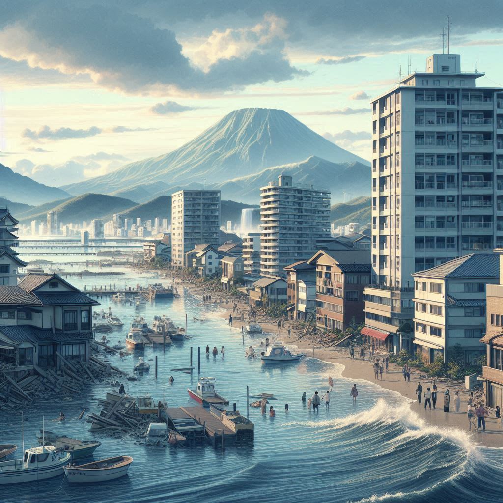 Showing the coastal city of Miyazaki after the 7.1 magnitude earthquake. Buildings have minor structural damage, with a few cracks visible on walls. People are seen outside, some holding onto each other for support. The coastal waters are slightly choppy, reflecting the tsunami advisory. In the background, the iconic mountainous landscape of Kyushu is visible under a cloudy sky, symbolizing both the natural beauty and the looming threat of more seismic activity