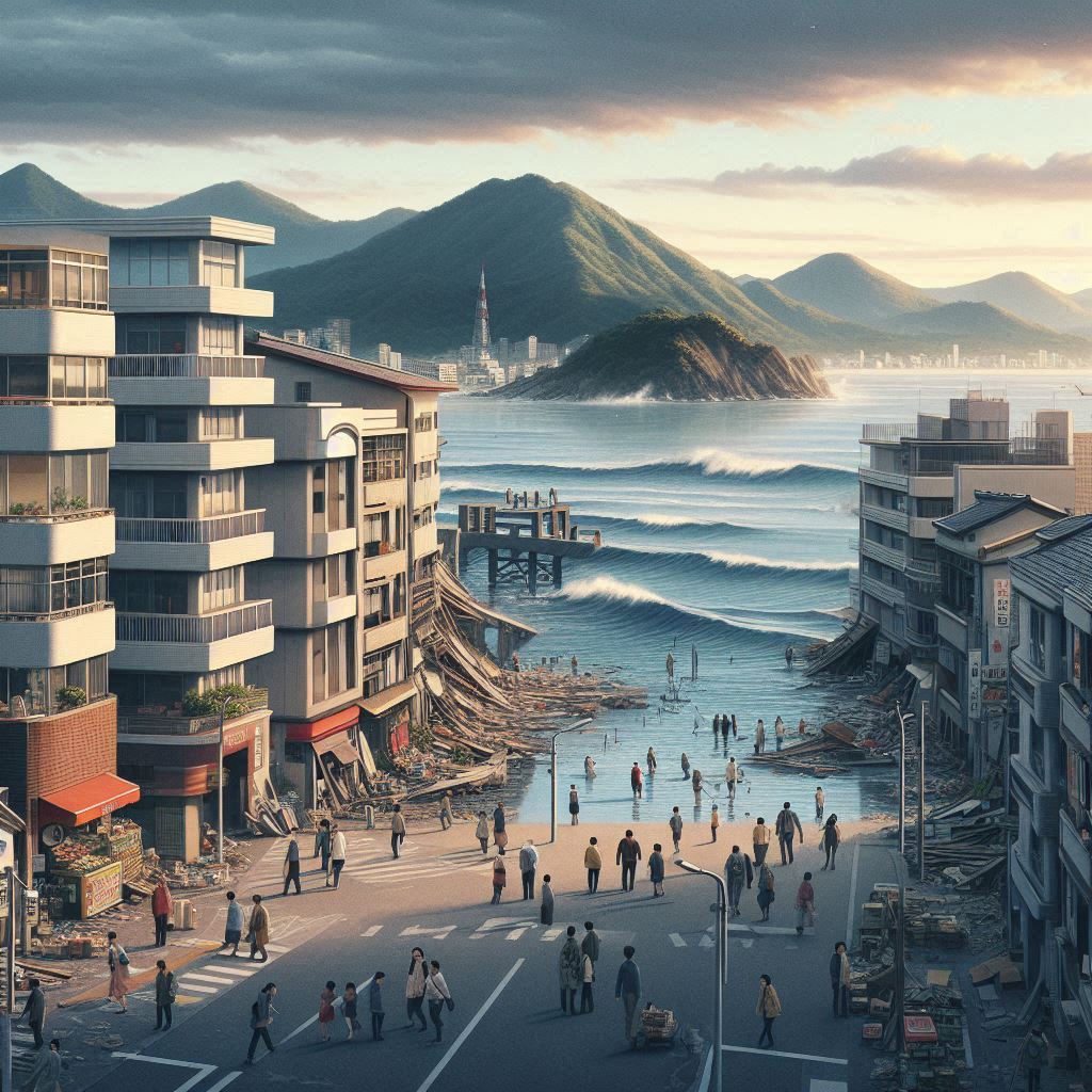 showing the coastal city of Miyazaki after the 7.1 magnitude earthquake. Buildings have minor structural damage, with a few cracks visible on walls. People are seen outside, some holding onto each other for support. The coastal waters are slightly choppy, reflecting the tsunami advisory. In the background, the iconic mountainous landscape of Kyushu is visible under a cloudy sky, symbolizing both the natural beauty and the looming threat of more seismic activity