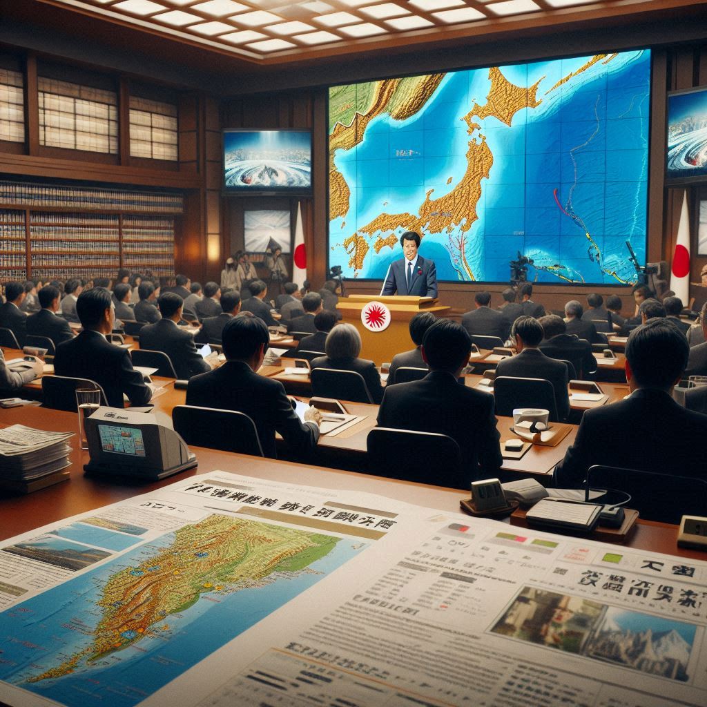 Showing a Japanese government press conference room where Prime Minister  is addressing the nation. The room is filled with reporters and officials, with monitors displaying maps of the earthquake’s epicenter near Miyazaki. The atmosphere is serious and tense, reflecting the urgency of the situation. In the foreground, a table is set with emergency plans and documents detailing the potential for aftershocks and tsunamis.