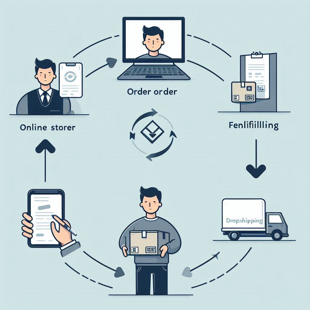 A simple yet modern illustration showing the dropshipping process