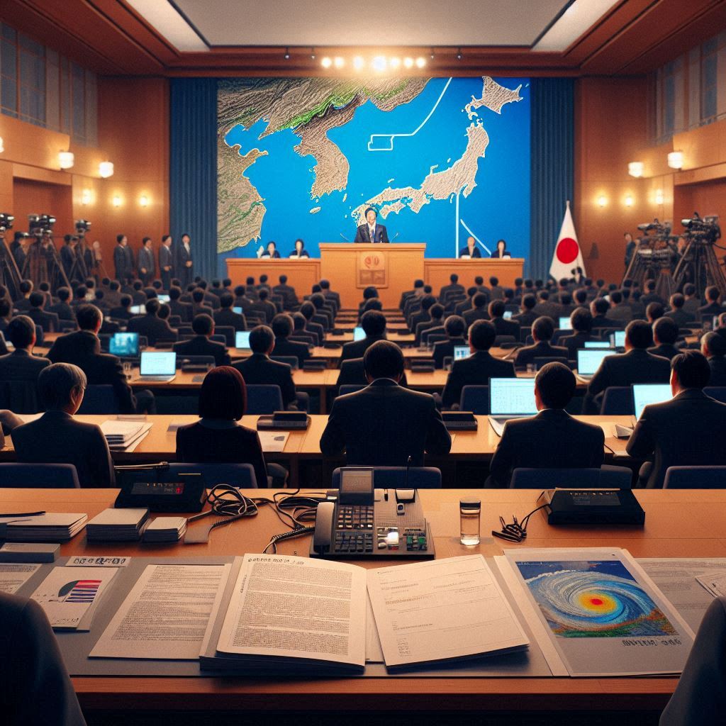 Showing a Japanese government press conference room where Prime Minister is addressing the nation. The room is filled with reporters and officials, with monitors displaying maps of the earthquake’s epicenter near Miyazaki. The atmosphere is serious and tense, reflecting the urgency of the situation. In the foreground, a table is set with emergency plans and documents detailing the potential for aftershocks and tsunamis.