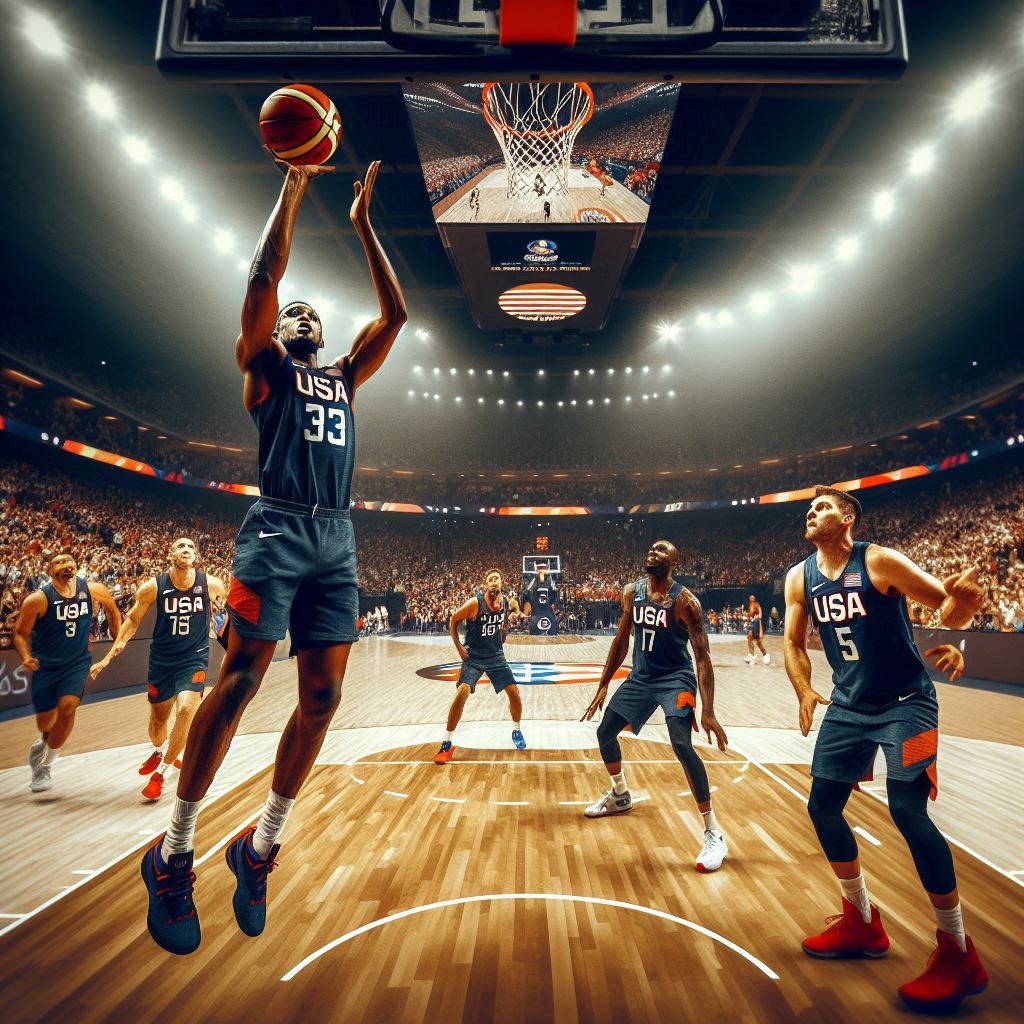 A dynamic and intense moment on the basketball court inside Paris' Bercy Arena, with Team USA players