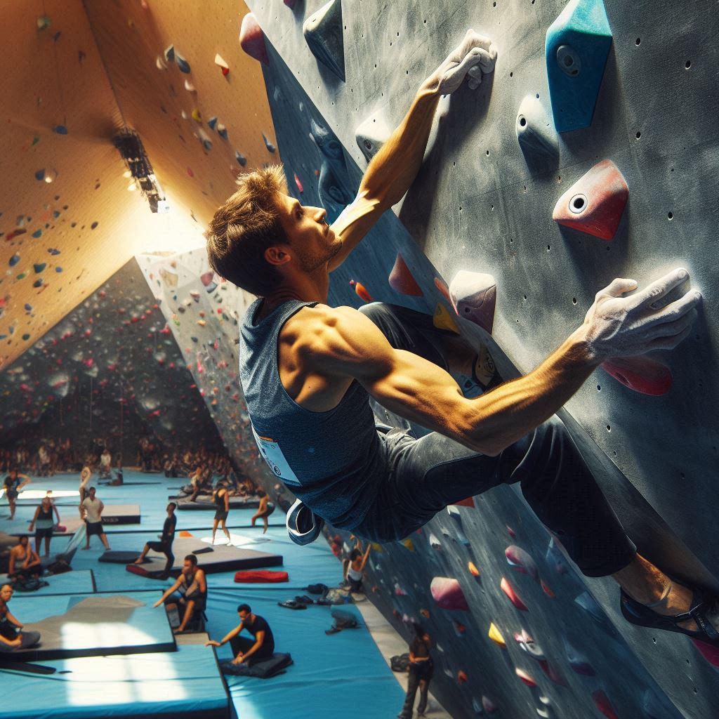 A climber in action, tackling a complex bouldering problem, highlighting the intensity and focus required.