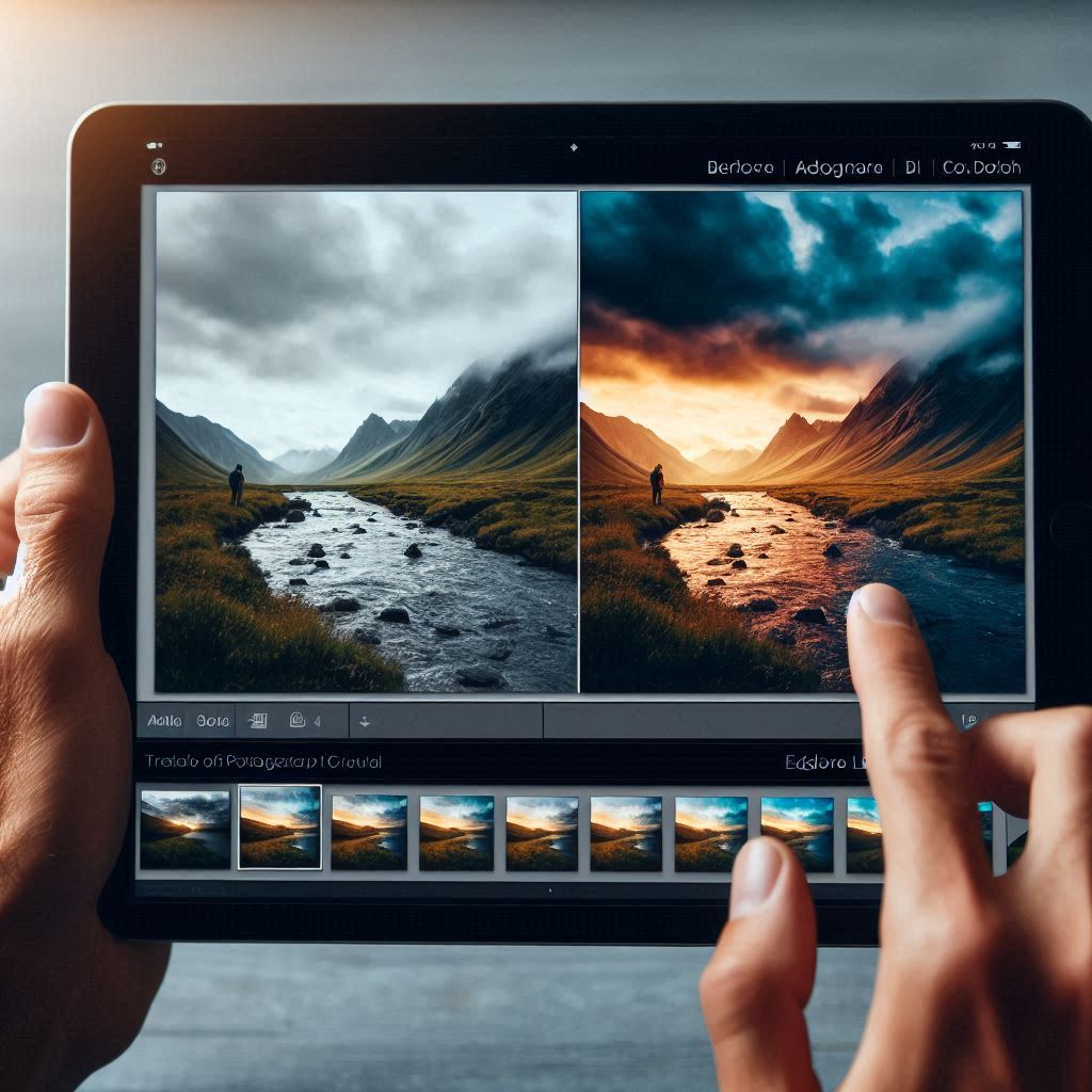 A photographer editing a high-resolution landscape photo in Adobe Lightroom