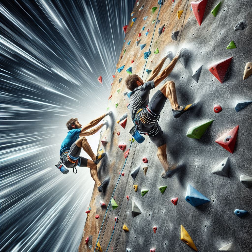 A split-second capture of two climbers racing side by side in a speed climbing event, illustrating the speed and competition.