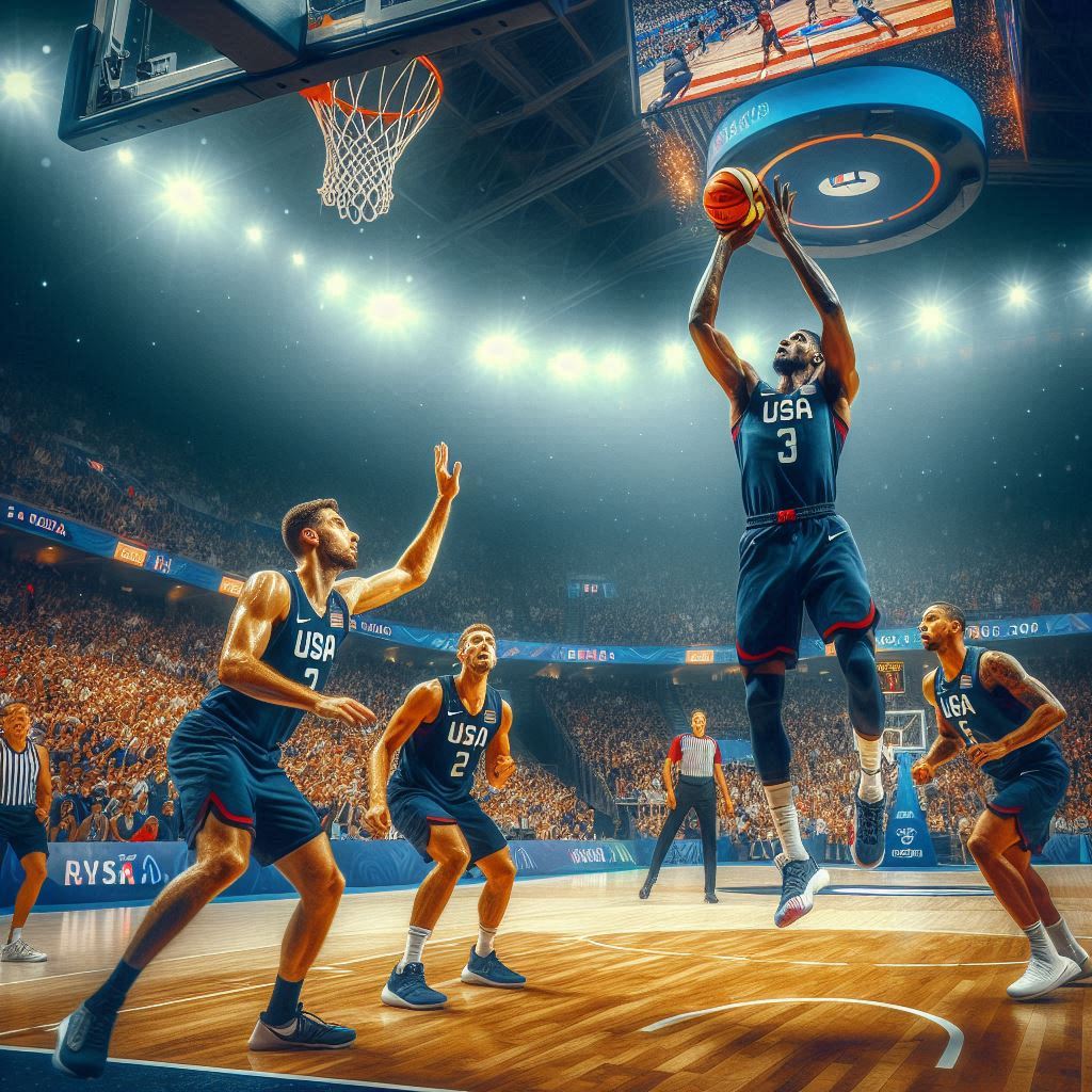 A dynamic and intense moment on the basketball court inside Paris' Bercy Arena, with Team USA players