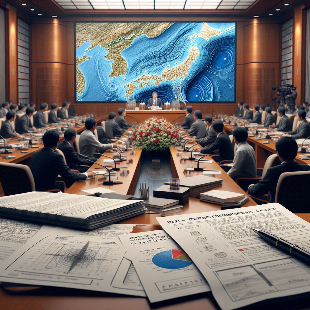 Showing a Japanese government press conference room where Prime Minister is addressing the nation. The room is filled with reporters and officials, with monitors displaying maps of the earthquake’s epicenter near Miyazaki. The atmosphere is serious and tense, reflecting the urgency of the situation. In the foreground, a table is set with emergency plans and documents detailing the potential for aftershocks and tsunamis.