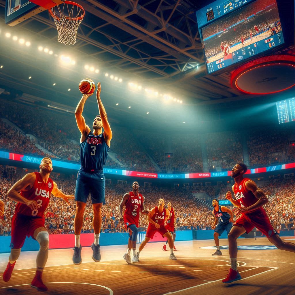 A dynamic and intense moment on the basketball court inside Paris' Bercy Arena, with Team USA players