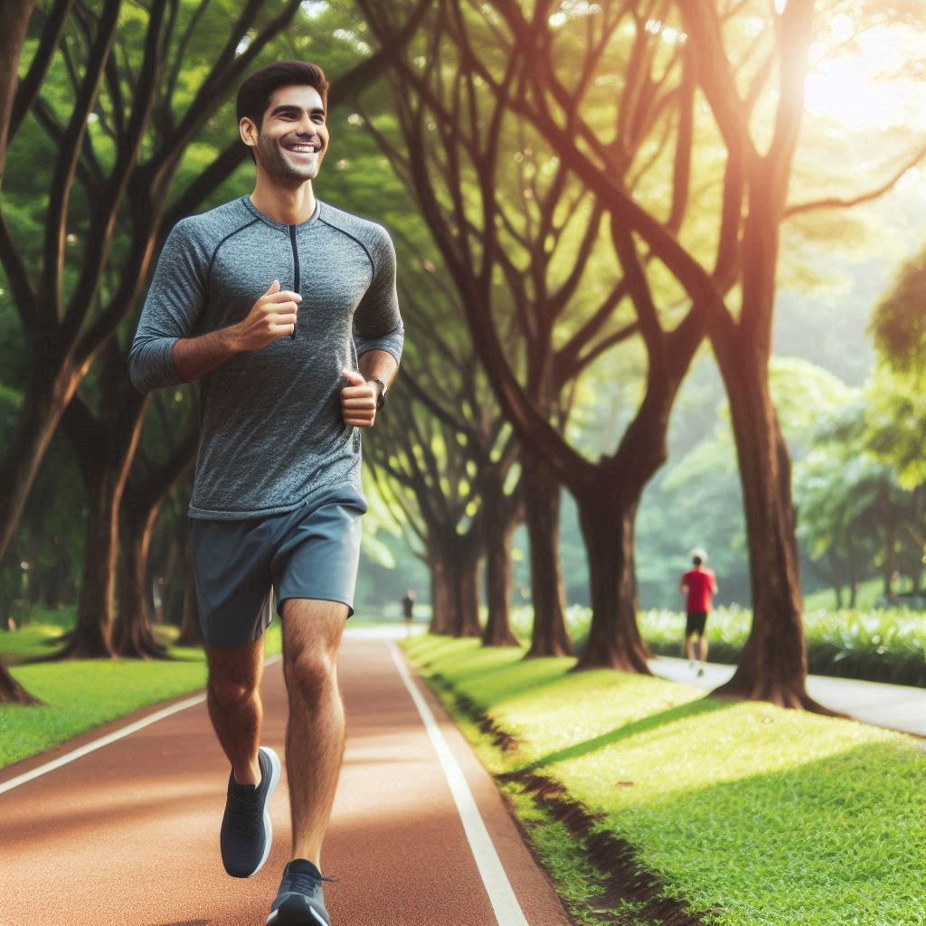 a man running on a trail with trees and grass