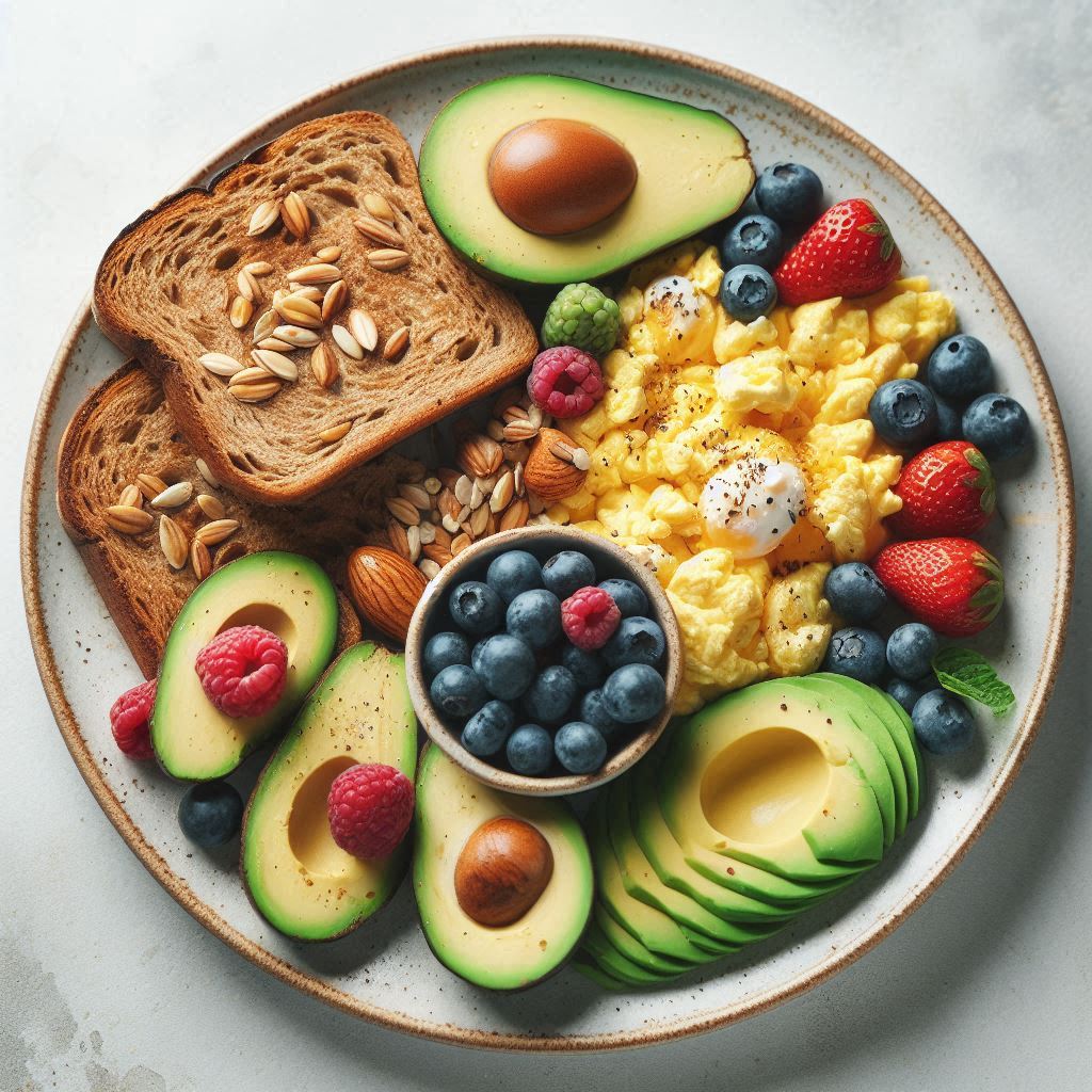 a plate of food with avocado and nuts