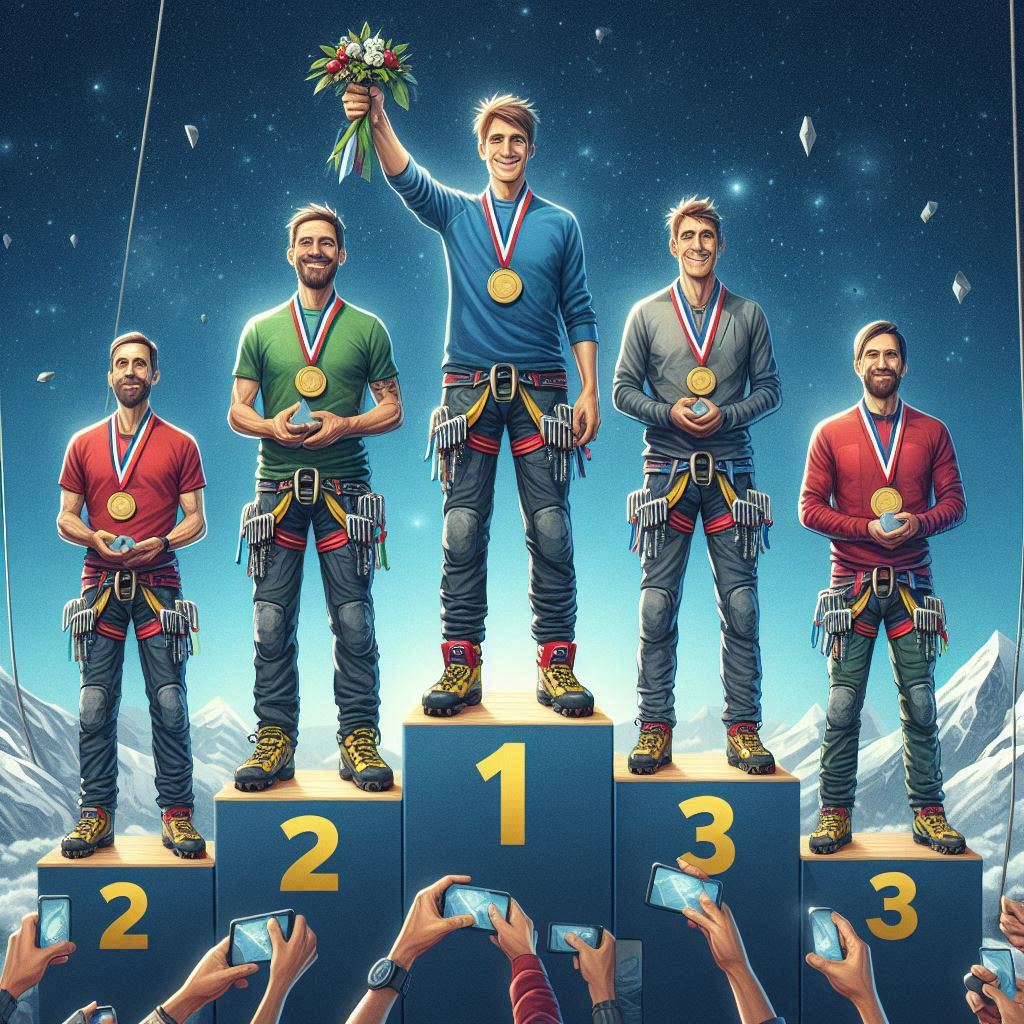 The medal podium with climbers receiving their medals, capturing the emotion and triumph of the winners.