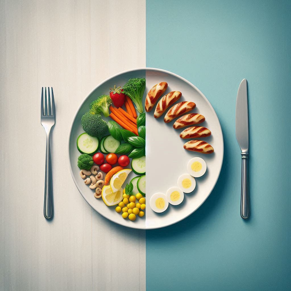 A split image showing a full plate of food on one side and a small, minimalistic meal on the other.